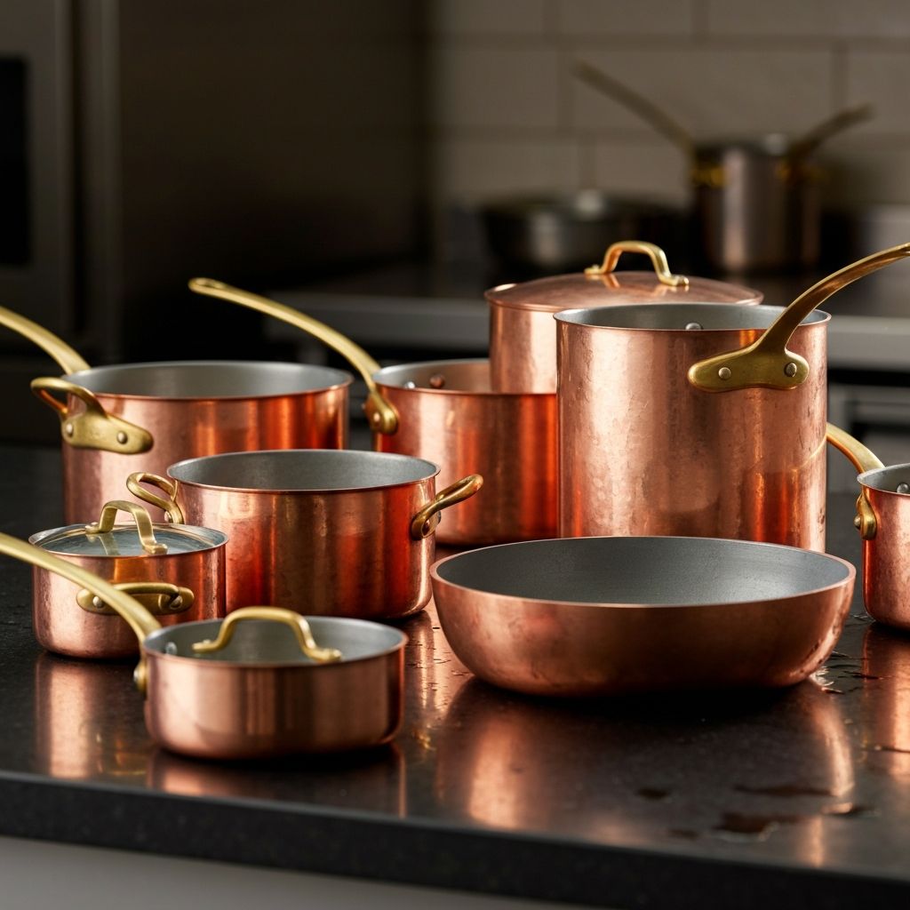 Collection of premium copper cookware arranged in a professional kitchen setting